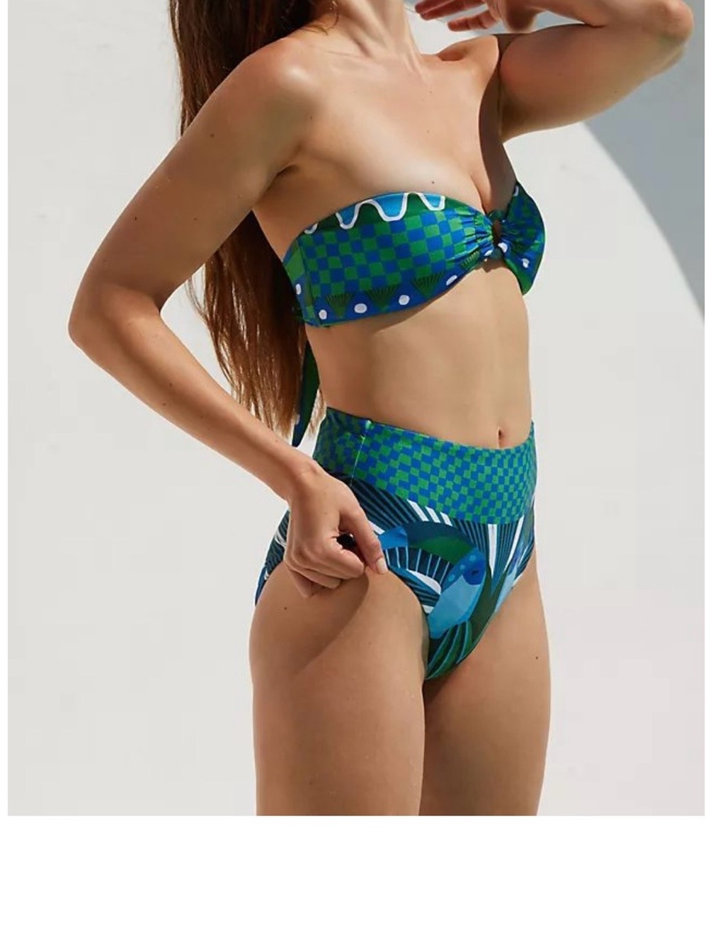 FARM Rio Green & Blue Checkerboard High-Waist Bandeau Bikini